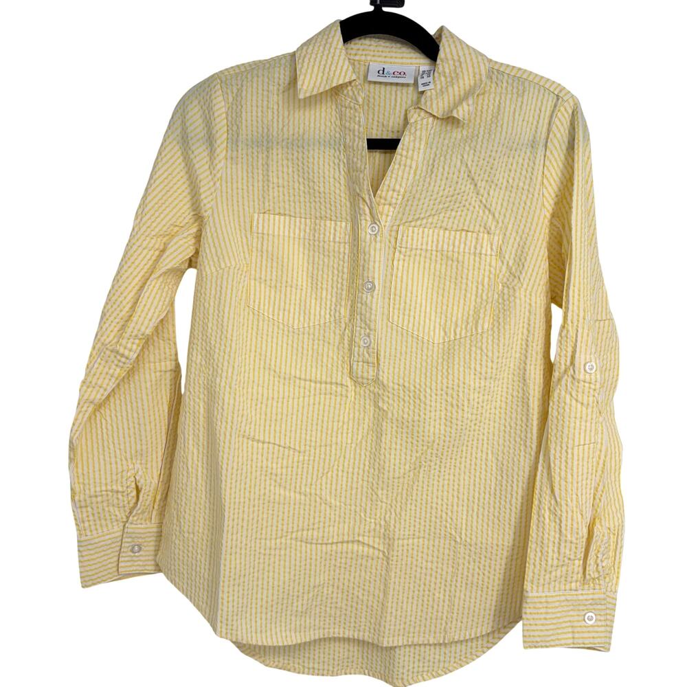 D&Co. Women's Y2K Yellow White Striped Half Button Up Preppy Collared Shirt XXS